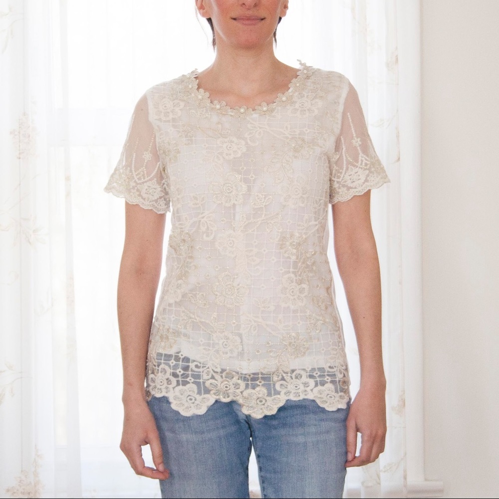 White Lace Top with Floral Pearl Neckline